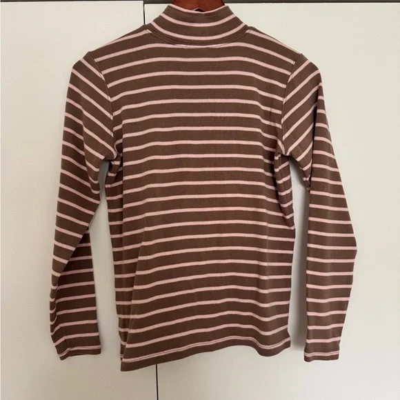 L.L. Bean 100% Cotton Striped Quarter-Zip Pullover Sweatshirt Brown Pink Small - Picture 2 of 9
